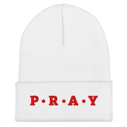 Pray Cuffed Beanie – Red Print | Unisex Embroidered Christian Hat | GodWare