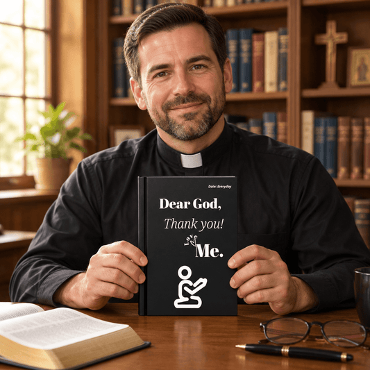 Priest wearing a black clerical shirt and white collar with the Dear God journal in his study