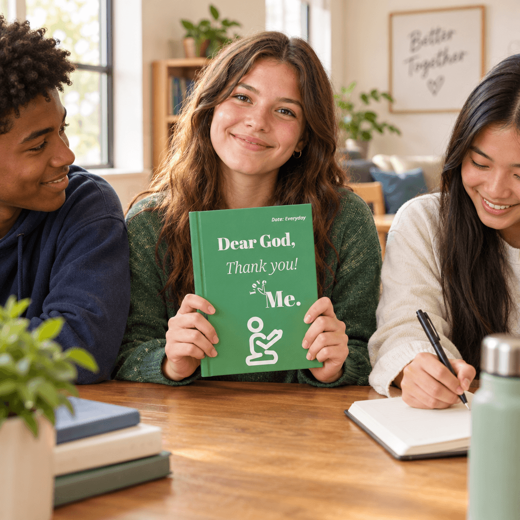 Teens journaling together with the green Dear God journal