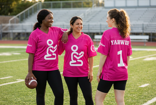 Three women wearing the pink GodWare jersey on a football field