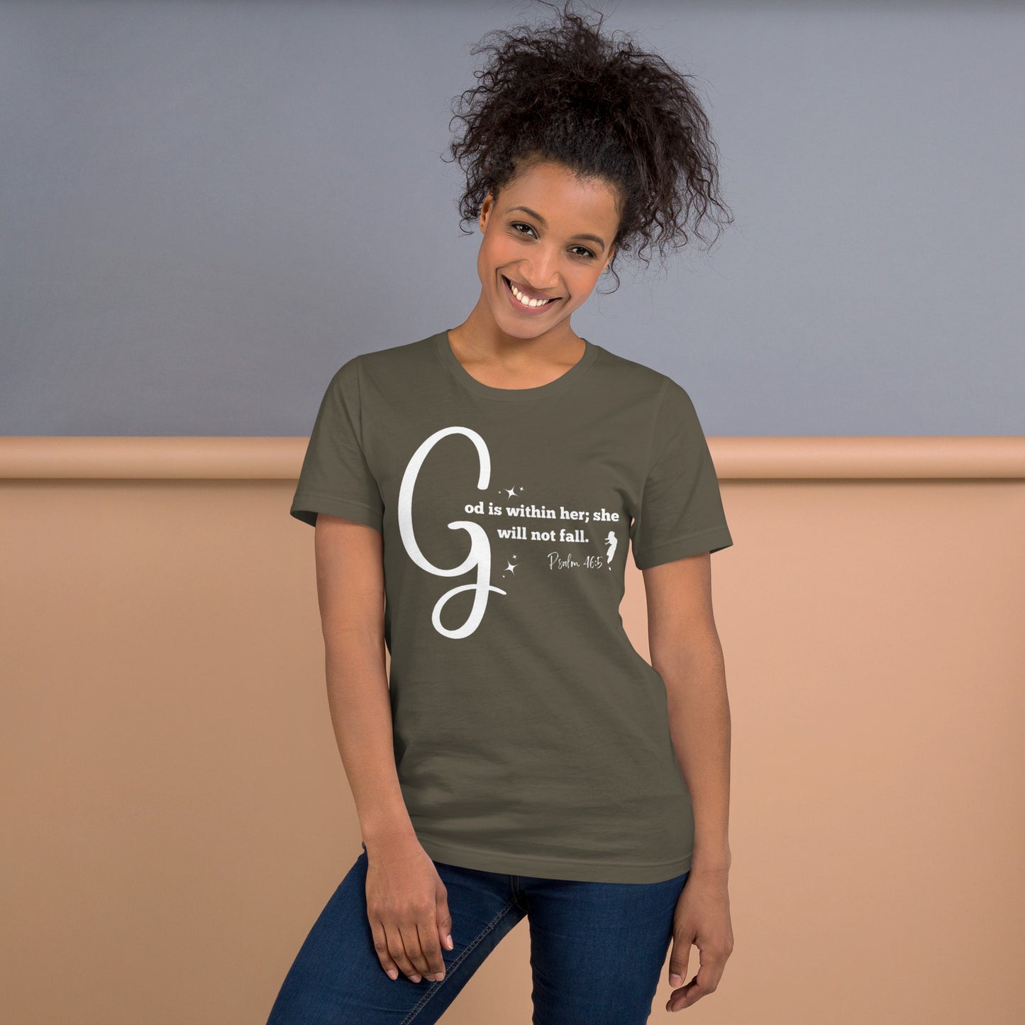 God is within her short-sleeved t-shirt (white print)