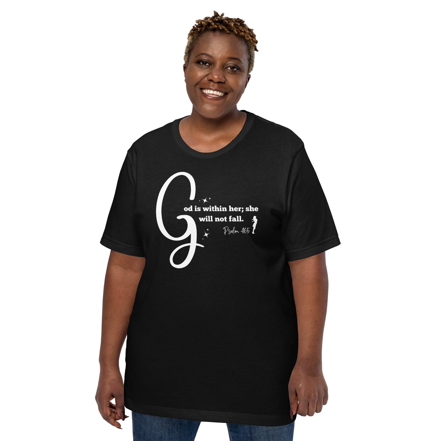 God is within her short-sleeved t-shirt (white print)