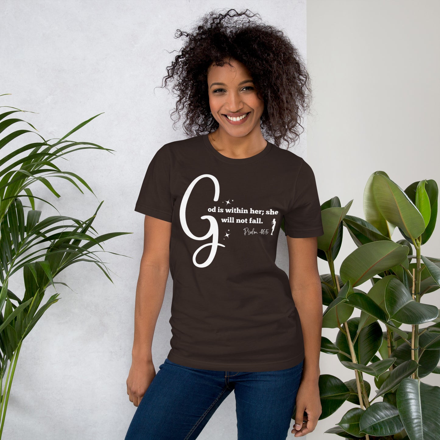 God is within her short-sleeved t-shirt (white print)