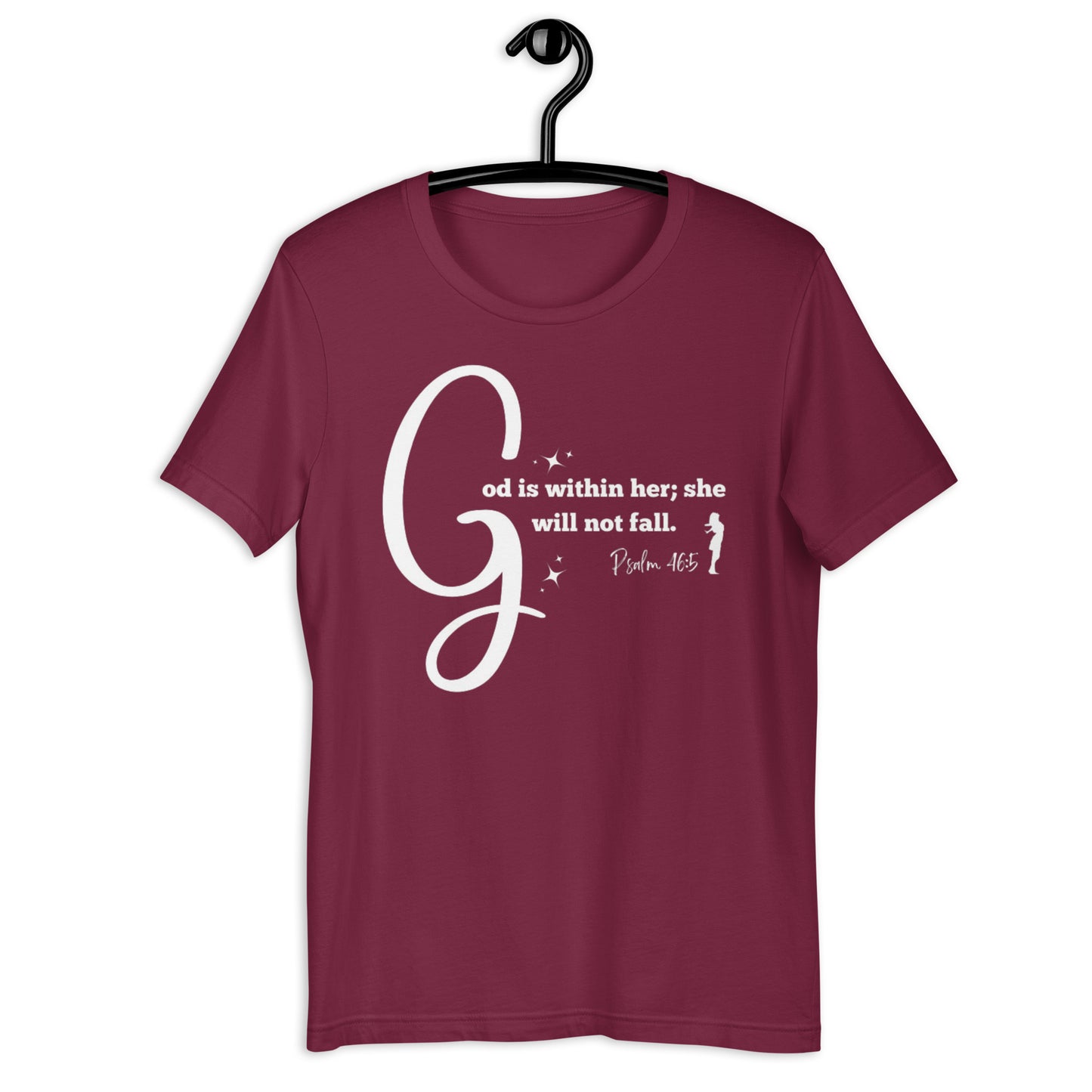 God is within her short-sleeved t-shirt (white print)