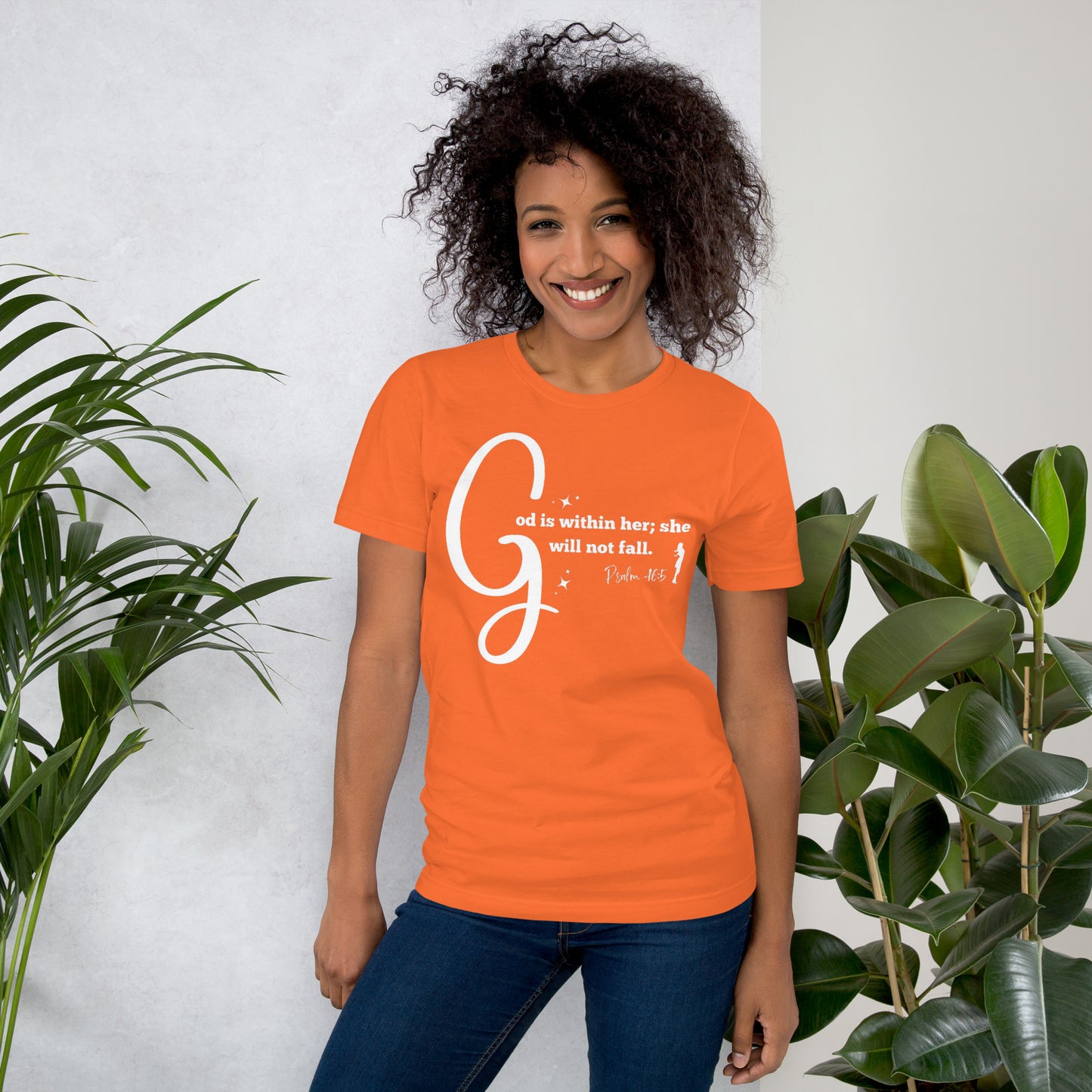 God is within her short-sleeved t-shirt (white print)