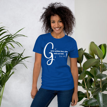 God is within her short-sleeved t-shirt (white print)