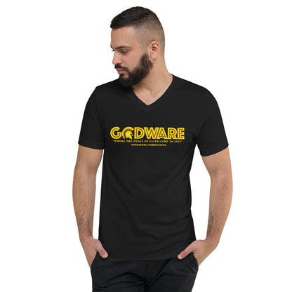 Godware Logo Unisex Short Sleeved V-Neck T-Shirt- Yellow print