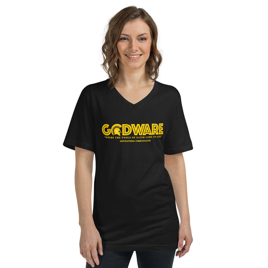 Godware Logo Unisex Short Sleeved V-Neck T-Shirt- Yellow print