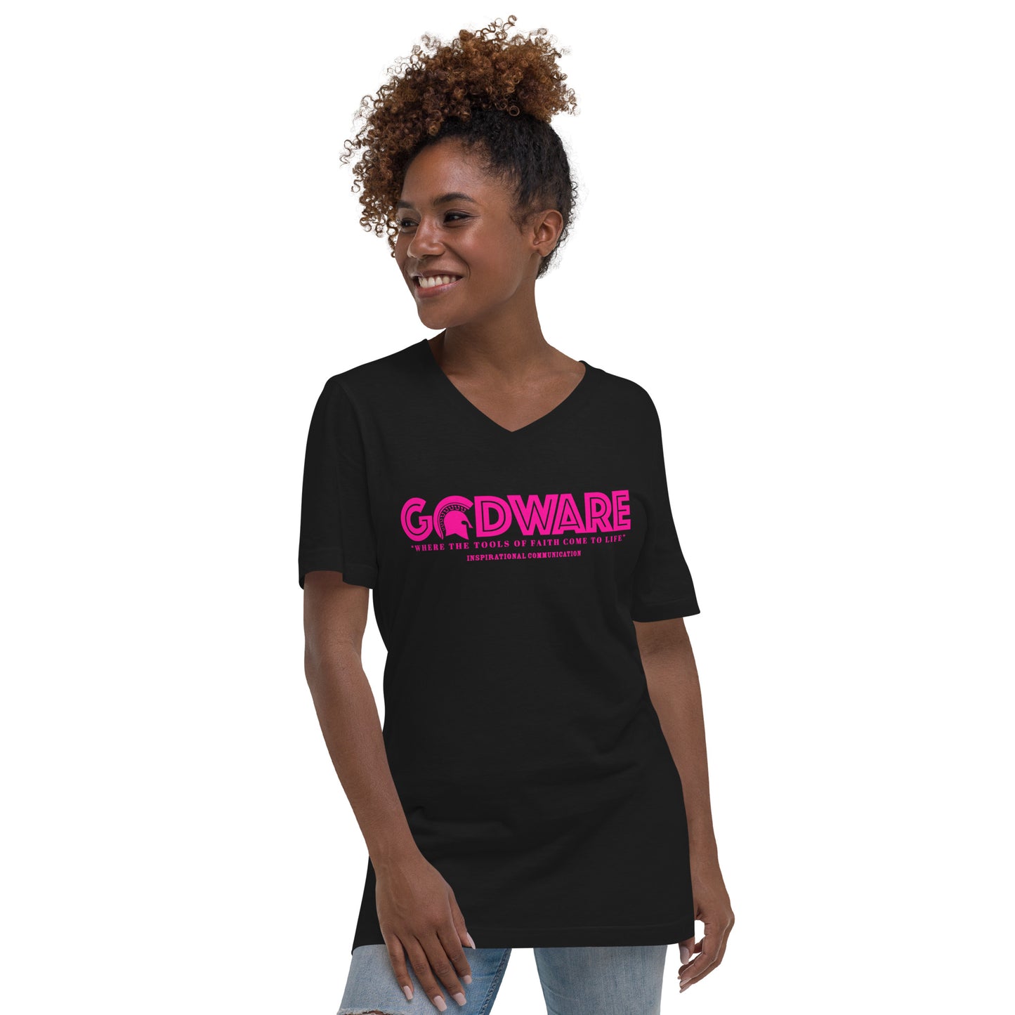 Godware Logo Unisex Short Sleeved V-Neck T-Shirt - Pink Berry print