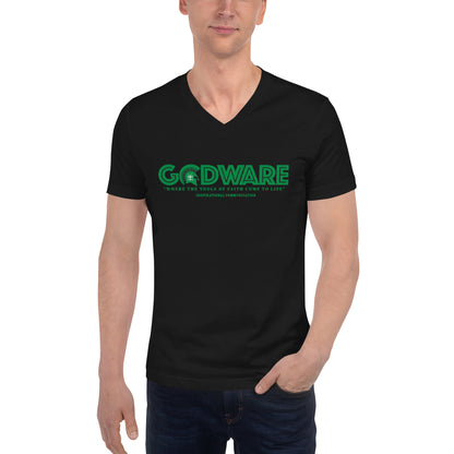 Godware Logo Unisex Short Sleeved V-Neck T-Shirt - Green Print