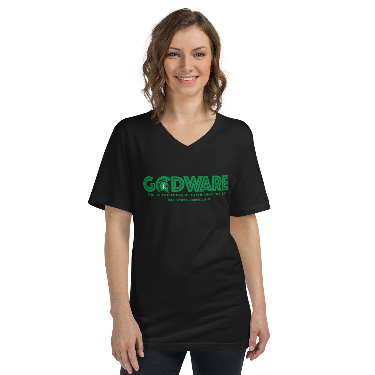 Godware Logo Unisex Short Sleeved V-Neck T-Shirt - Green Print