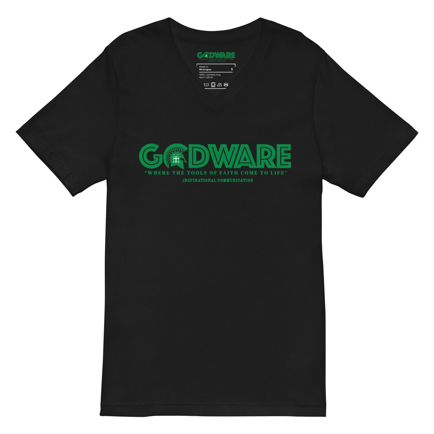 Godware Logo Unisex Short Sleeved V-Neck T-Shirt - Green Print