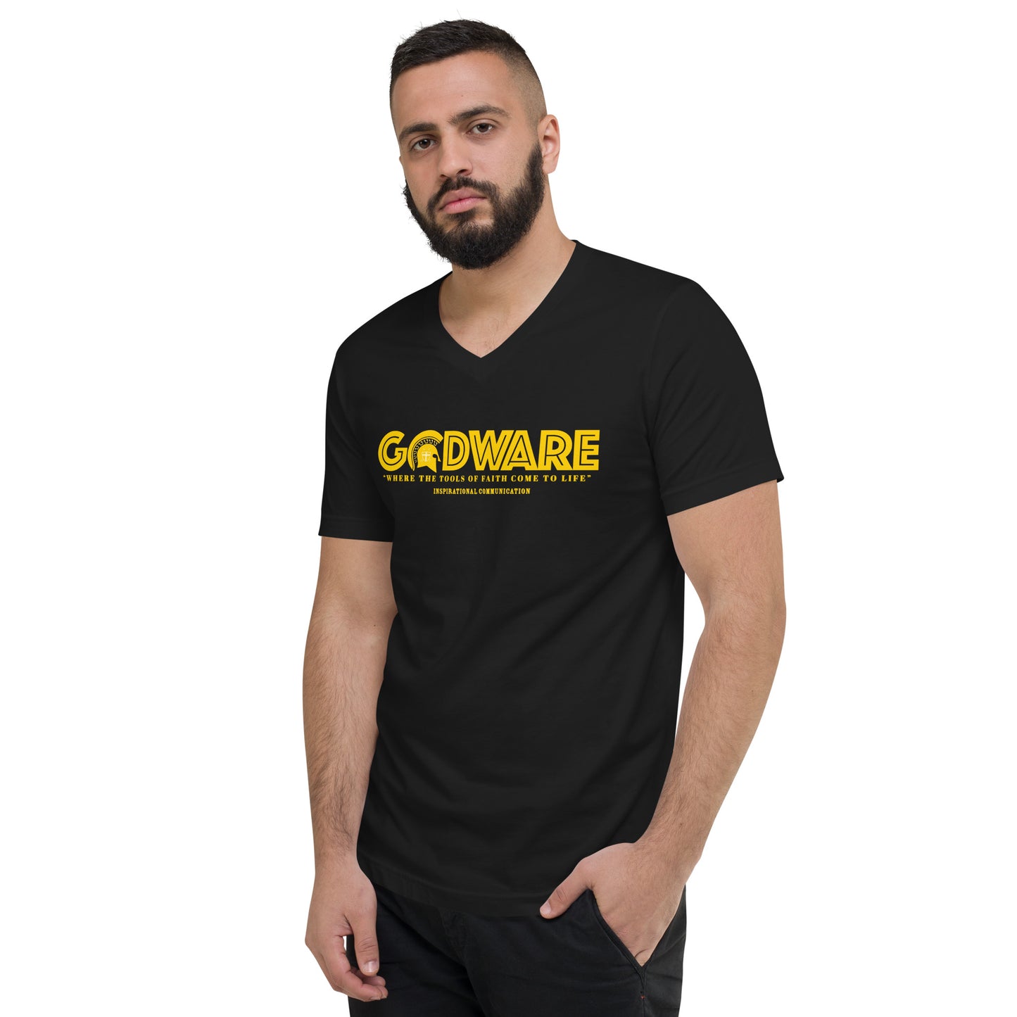 Godware Logo Unisex Short Sleeved V-Neck T-Shirt- Yellow print