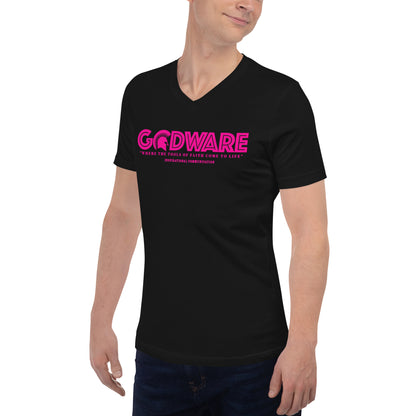 Godware Logo Unisex Short Sleeved V-Neck T-Shirt - Pink Berry print