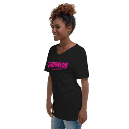 Godware Logo Unisex Short Sleeved V-Neck T-Shirt - Pink Berry print