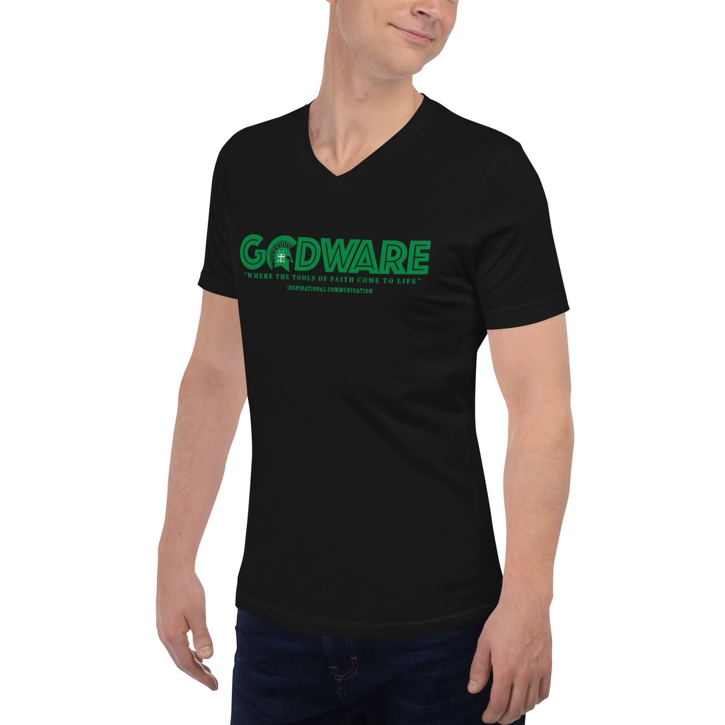 Godware Logo Unisex Short Sleeved V-Neck T-Shirt - Green Print