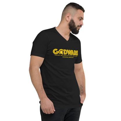 Godware Logo Unisex Short Sleeved V-Neck T-Shirt- Yellow print