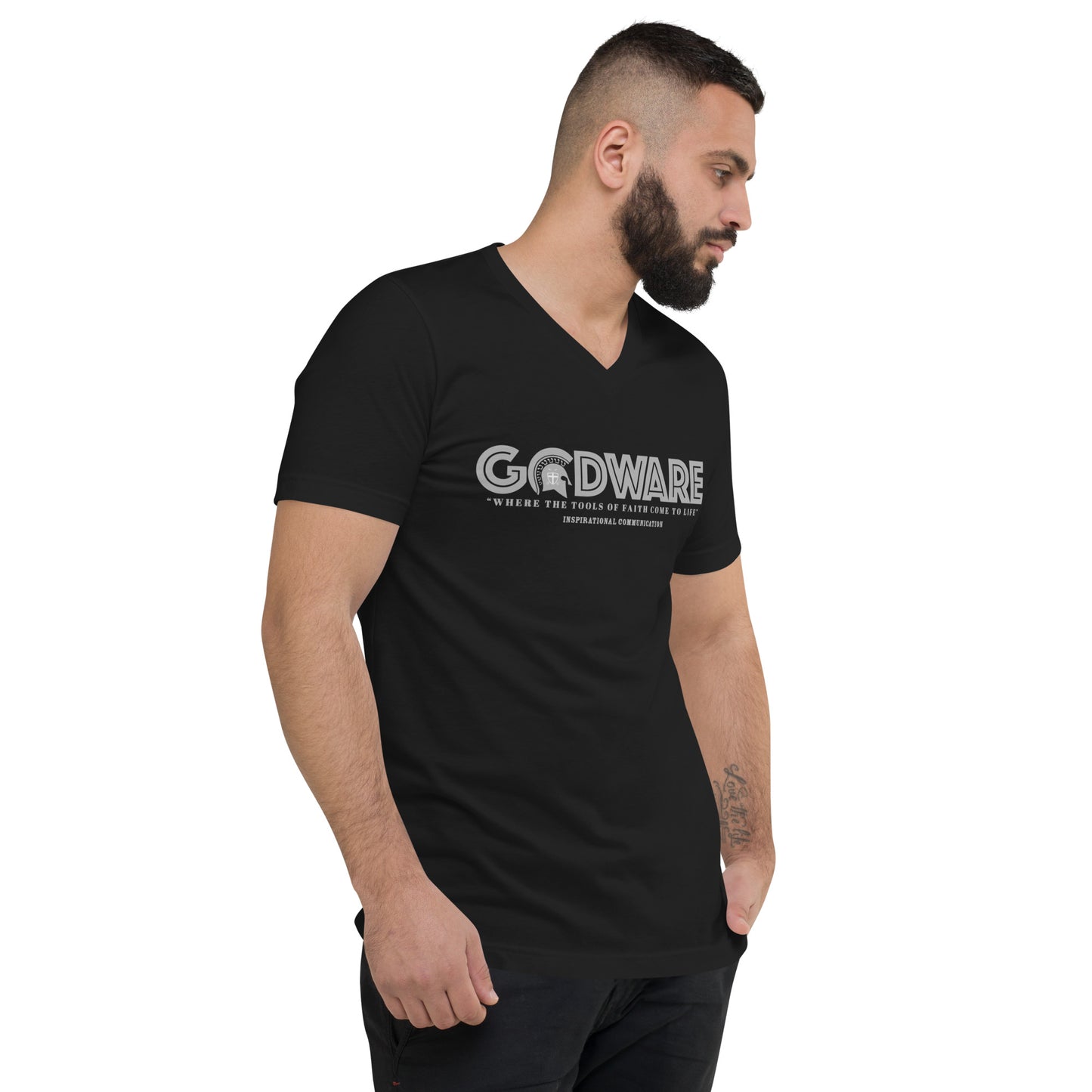 Godware Logo Unisex Short Sleeved V-Neck T-Shirt - Grey Print