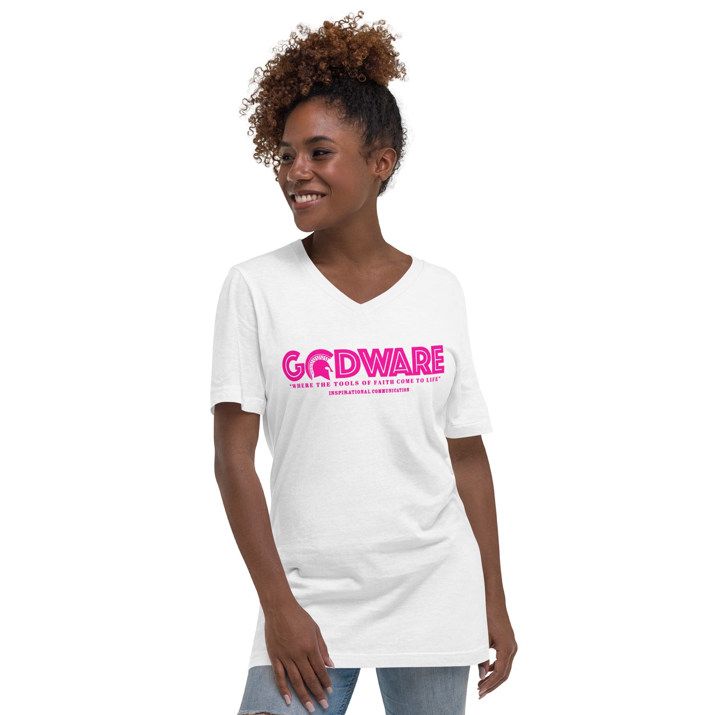 Godware Logo Unisex Short Sleeved V-Neck T-Shirt - Pink Berry print