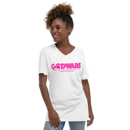 Godware Logo Unisex Short Sleeved V-Neck T-Shirt - Pink Berry print