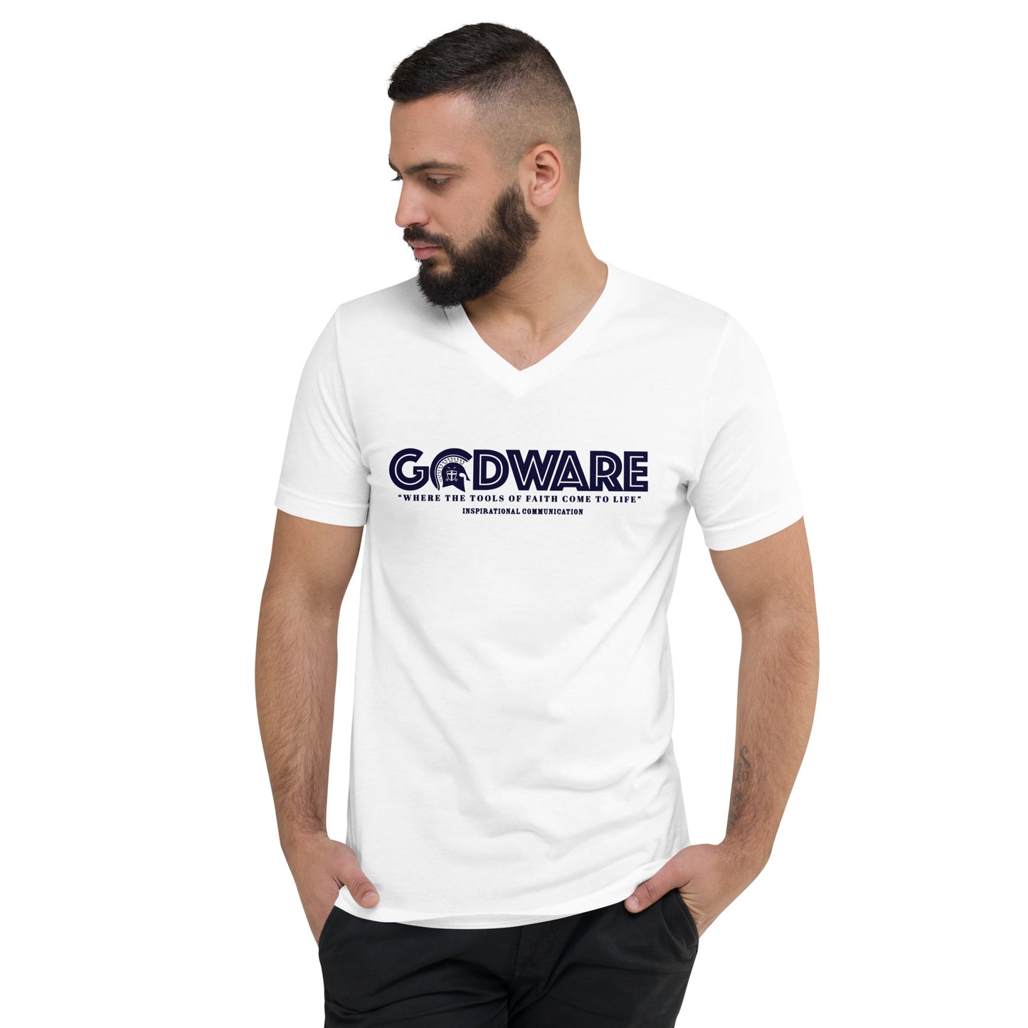 Godware Logo Unisex Short Sleeved V-Neck T-Shirt- Navy print