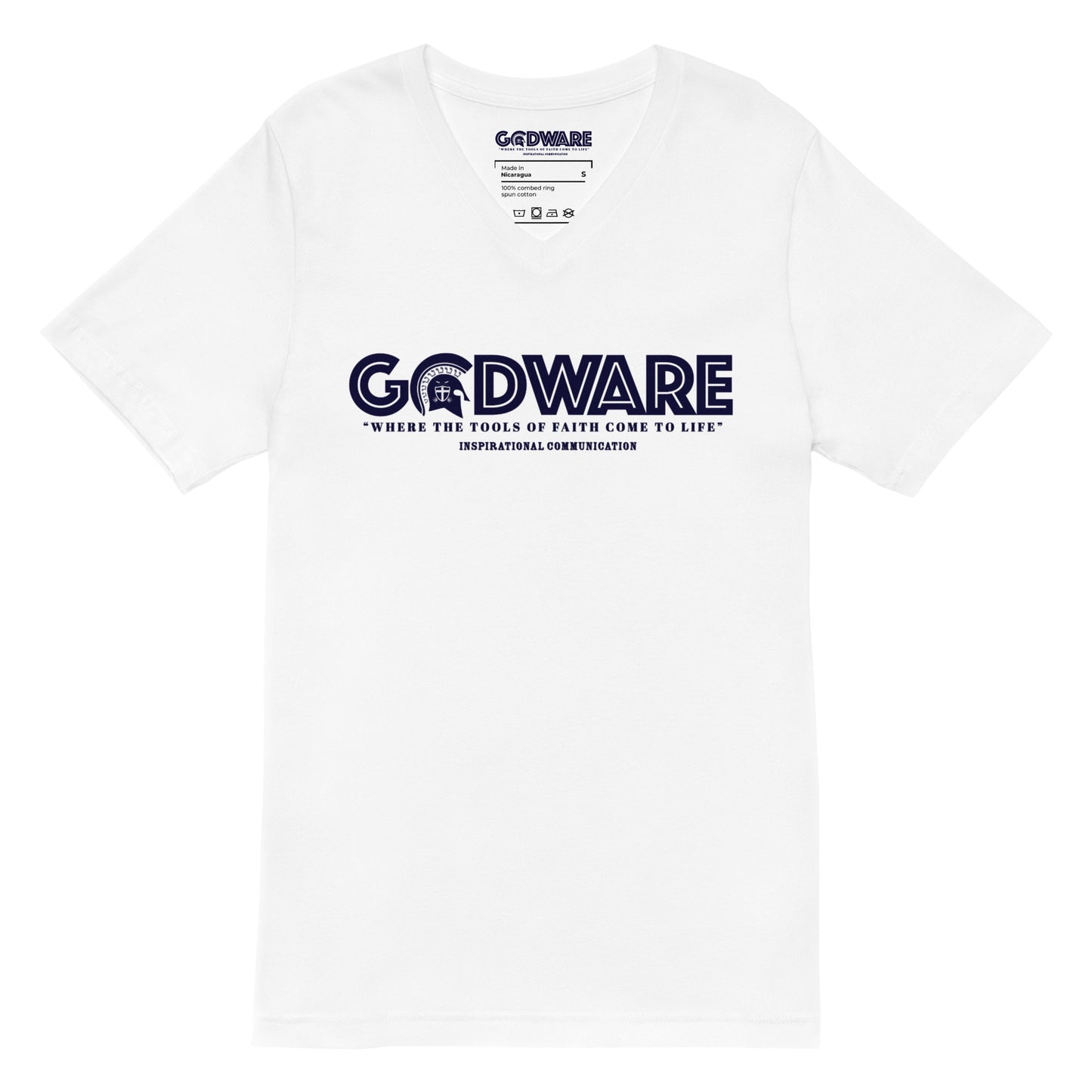 Godware Logo Unisex Short Sleeved V-Neck T-Shirt- Navy print