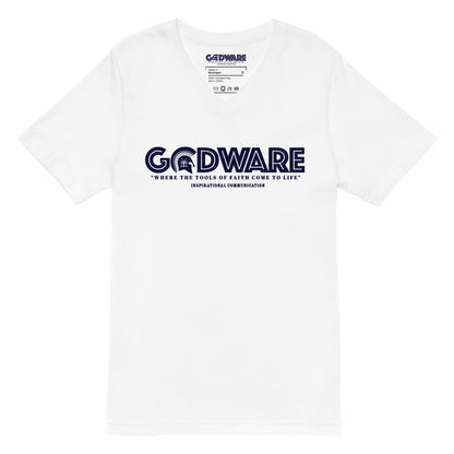 Godware Logo Unisex Short Sleeved V-Neck T-Shirt- Navy print