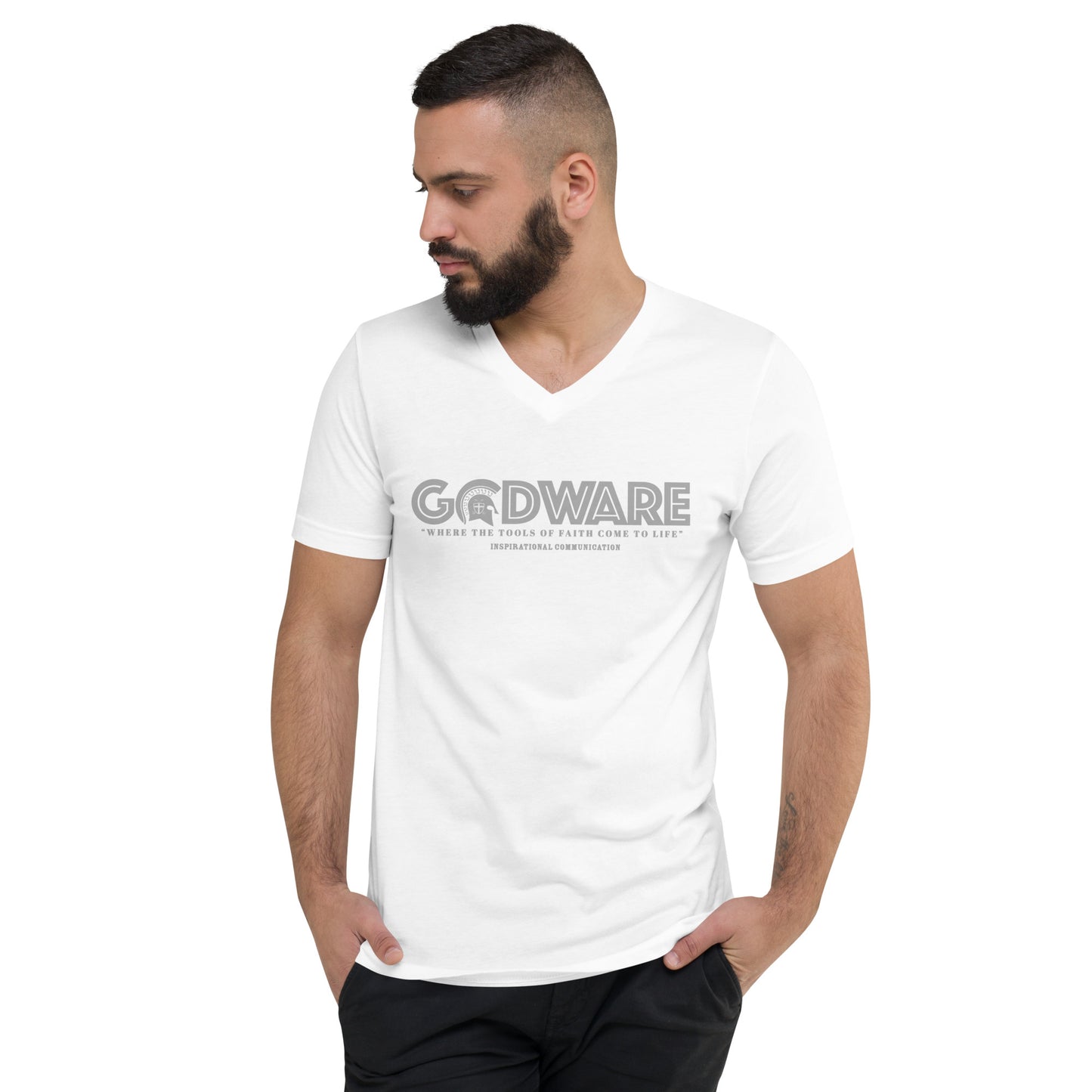 Godware Logo Unisex Short Sleeved V-Neck T-Shirt - Grey Print