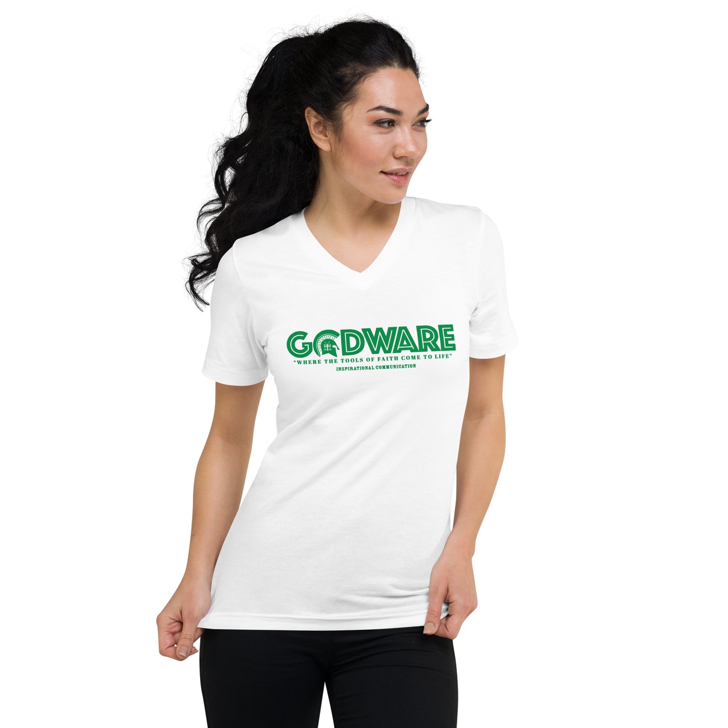 Godware Logo Unisex Short Sleeved V-Neck T-Shirt - Green Print