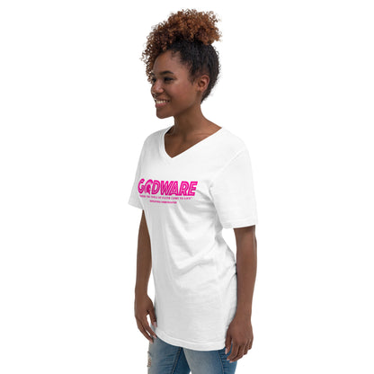 Godware Logo Unisex Short Sleeved V-Neck T-Shirt - Pink Berry print