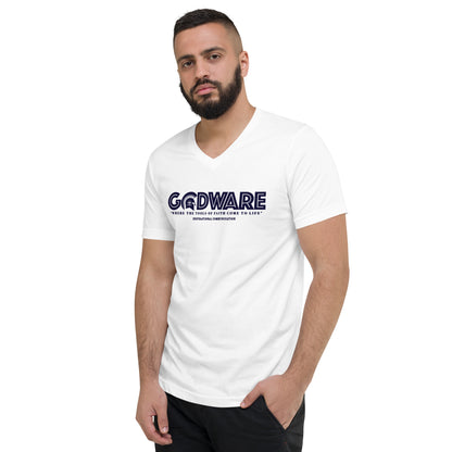 Godware Logo Unisex Short Sleeved V-Neck T-Shirt- Navy print