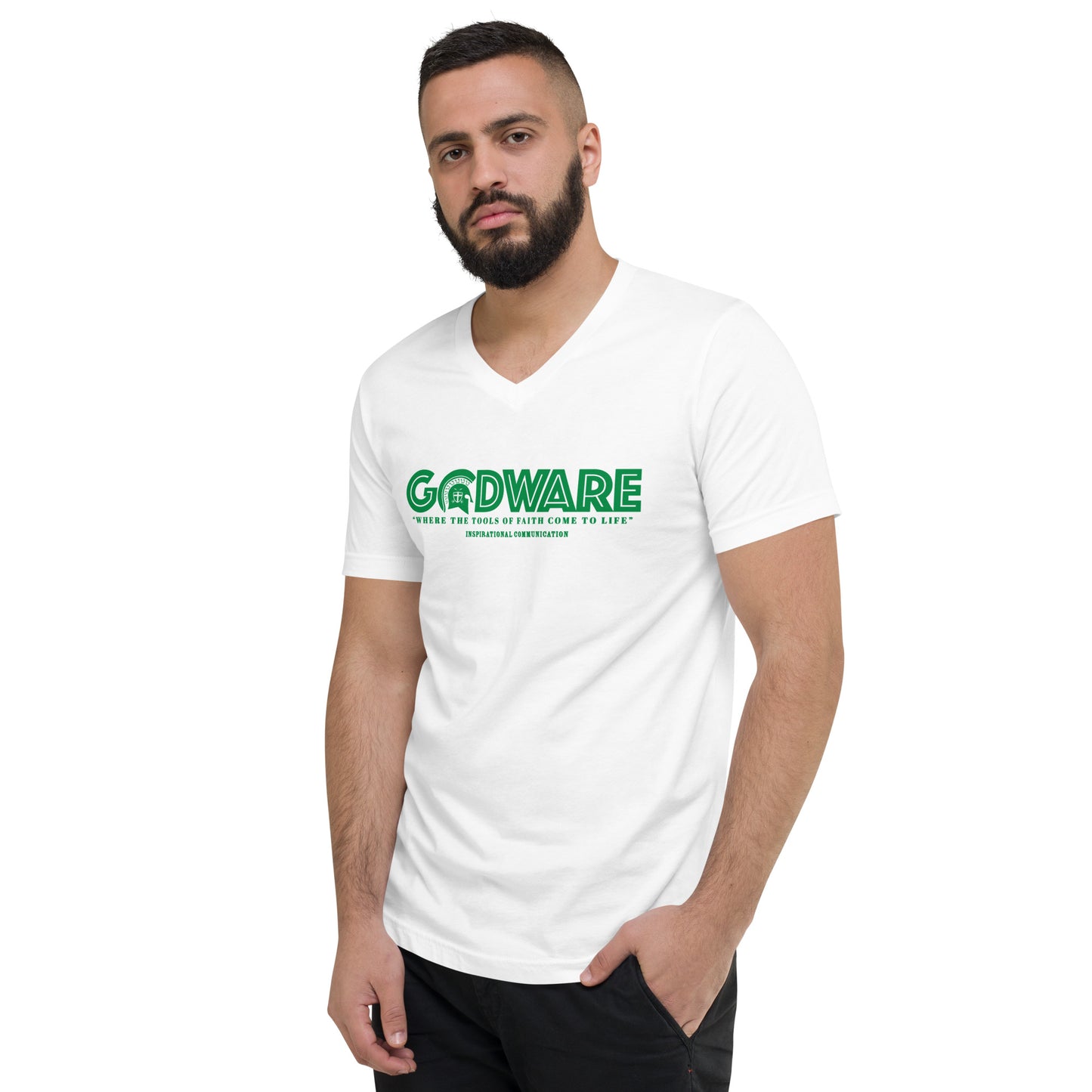 Godware Logo Unisex Short Sleeved V-Neck T-Shirt - Green Print