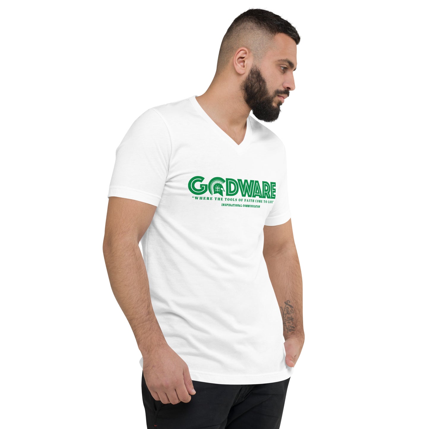 Godware Logo Unisex Short Sleeved V-Neck T-Shirt - Green Print