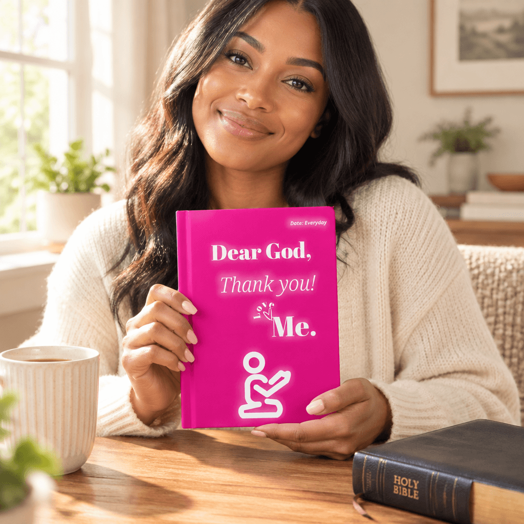 Woman holding the pink Dear God journal in a sunlit lifestyle setting