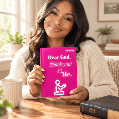 Woman holding the pink Dear God journal in a sunlit lifestyle setting