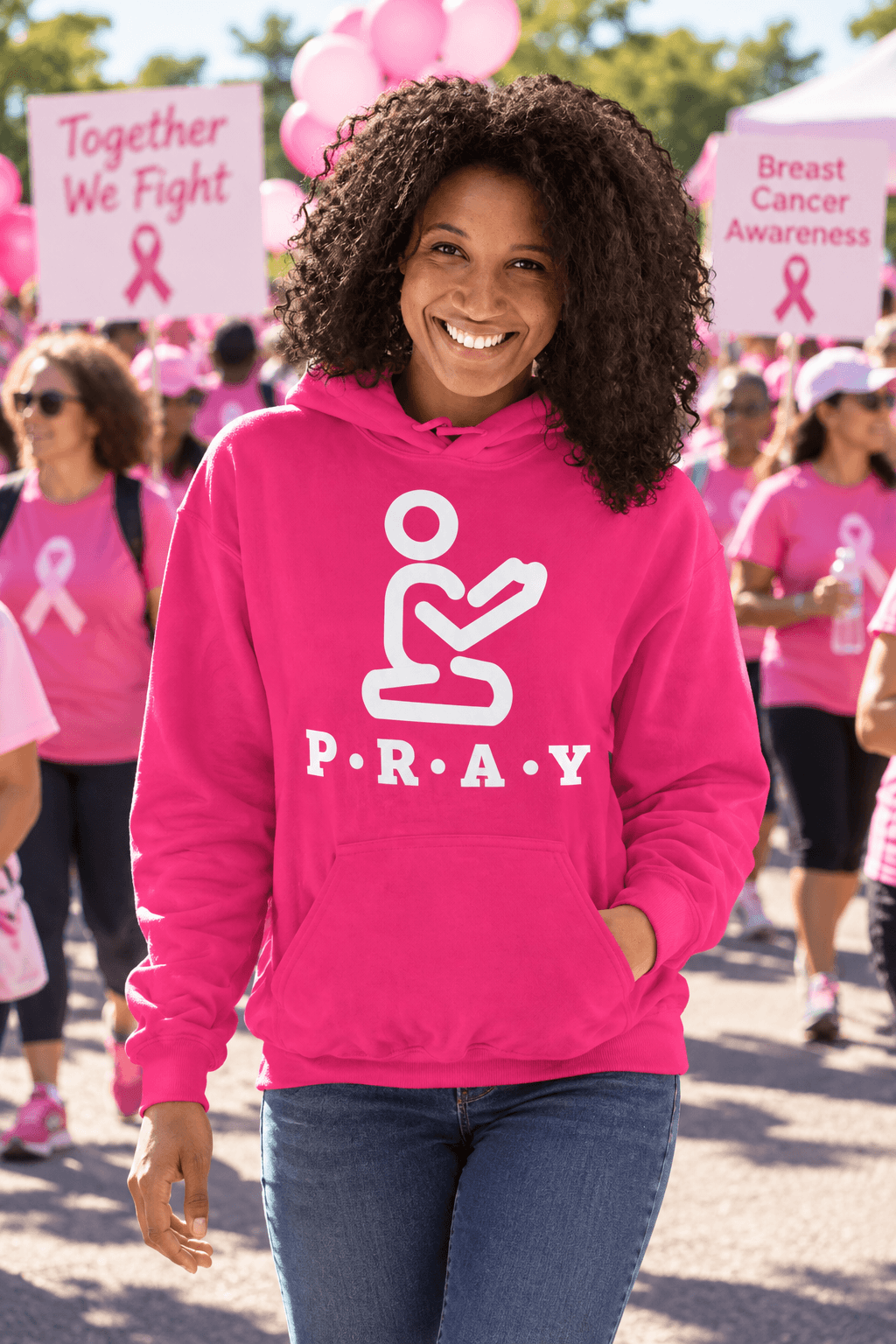 Woman wearing the pink Pray hoodie at a breast cancer awareness walk