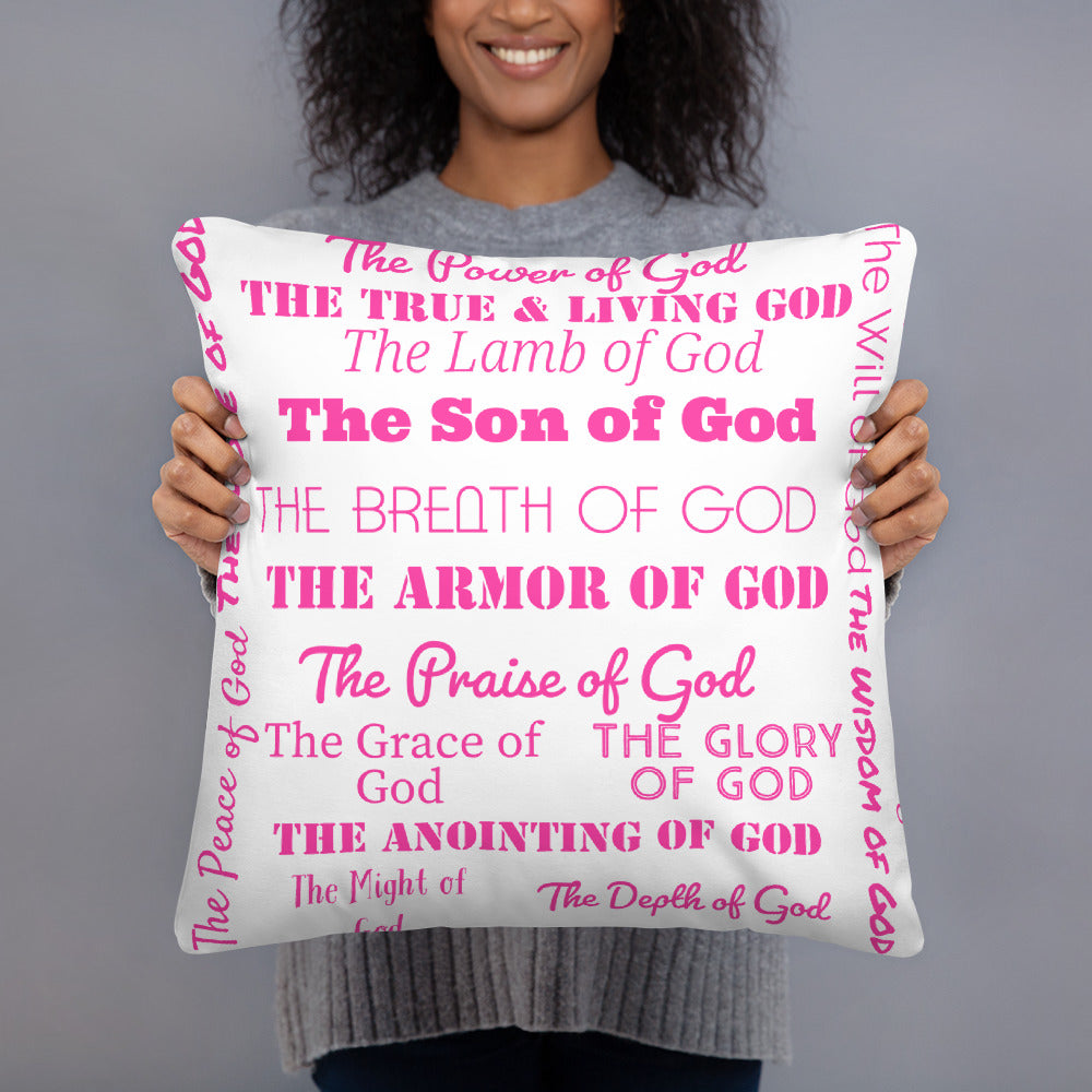 Attributes of God Inspirational Throw Pillow - Hot Pink/White