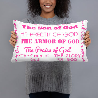 Attributes of God Inspirational Throw Pillow - Hot Pink/White