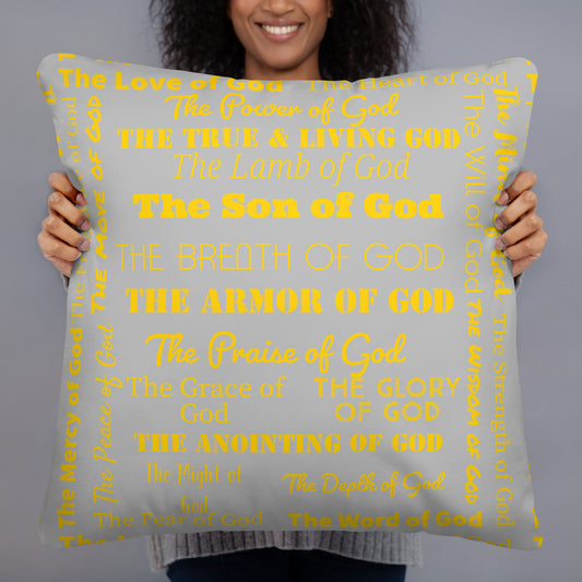 Attributes of God Inspirational Throw Pillow - Gold/Grey