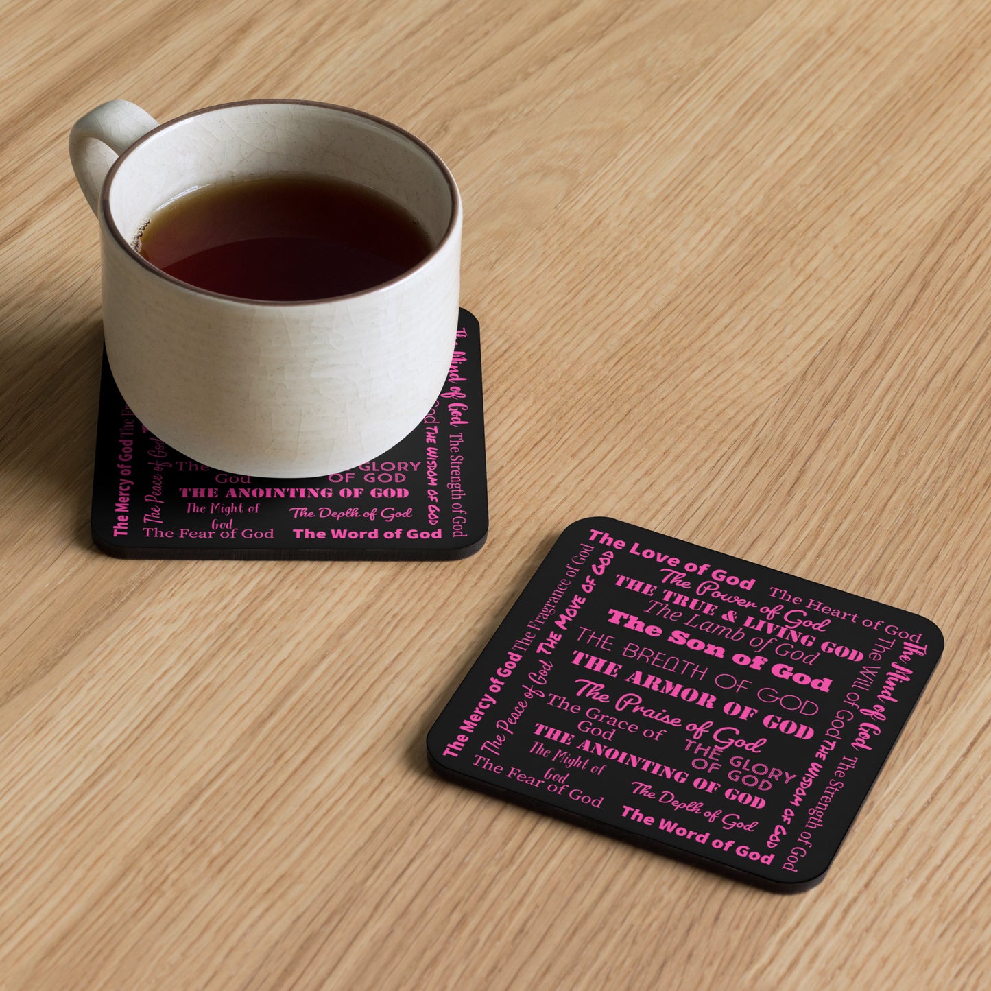 Attributes of God cork back coaster - Pink/Black