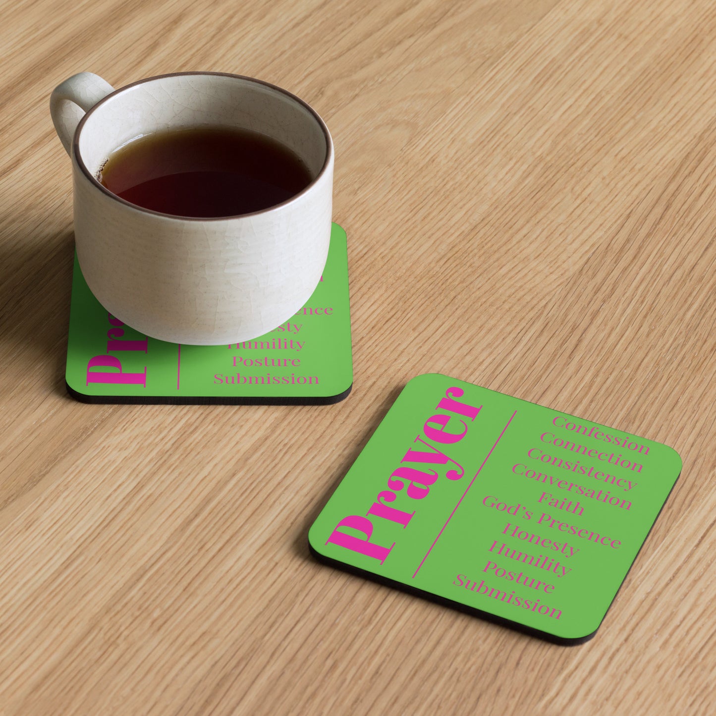 Prayer cork back coaster - Pink/Green