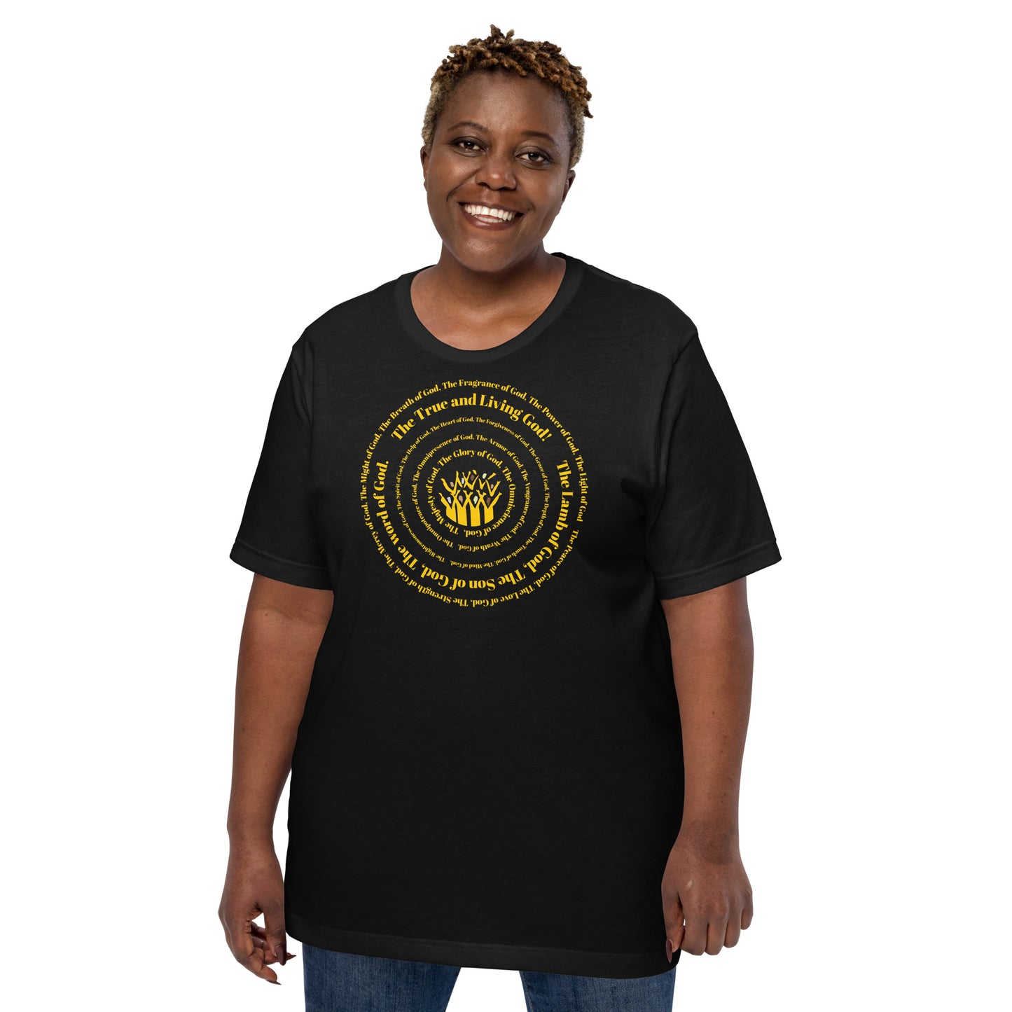 Attributes of God Unisex t-shirt (lrgr sizes) - Black/yellow print