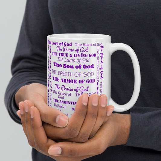 Attributes of God White/Purple Inspirational mug